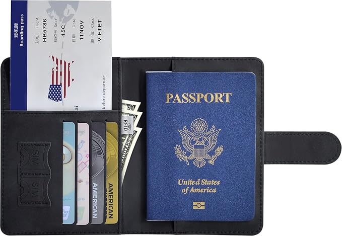 Passport Holder, Passport Cover with Credit Card Slot and Boarding Pass Slot Combo, Passport Wallet Case Book Travel Must Have, RFID Blocking Leather Travel Accessories, Black