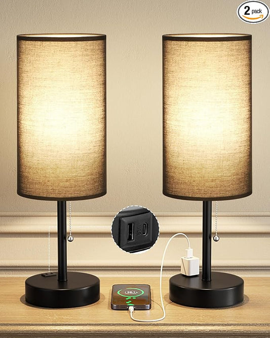 17.4" Black Bedside Table Lamps Set of 2 - Bedroom Lamp, USB C+A, AC Outlet | 3CCT(3000/4000/5000K), LED Bulbs Included, Black Fabric Lampshade, 17.4in Large Lamp for Nightstand, Living Room, Dorm, Desk
