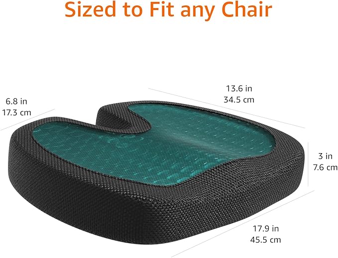 Amazon Basics Comfortable Seat Cushion for Office Chairs, Gel Enhanced Memory Foam, Non-Slip, Cooling Support for Long Sitting, Black