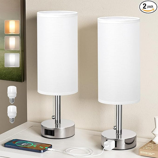 Silver Bedside Table Lamps Set of 2 - Bedroom Lamp for Desk, AC Outlet | 3CCT(3000K/4000K/5000K), LED Bulbs Included, White Fabric Lampshade, 14in Small Lamp for Nightstand, Guest Room, Living Room