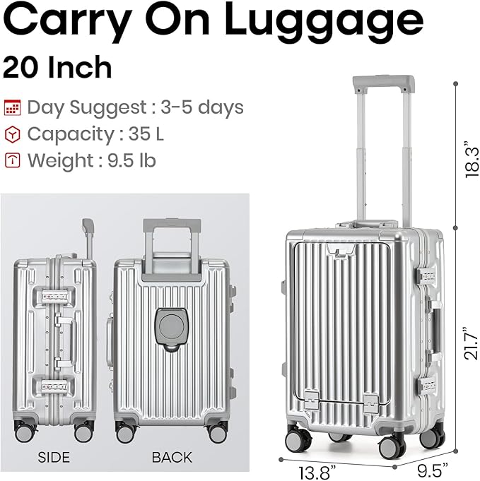 20 Inch Aluminium Frame Carry On Luggage Airline Approved With laptop compartment, Zipperless Hard Shell Travel Suitcase with TSA Approved Cup Holder USB Port Holder for Women Men,Silver