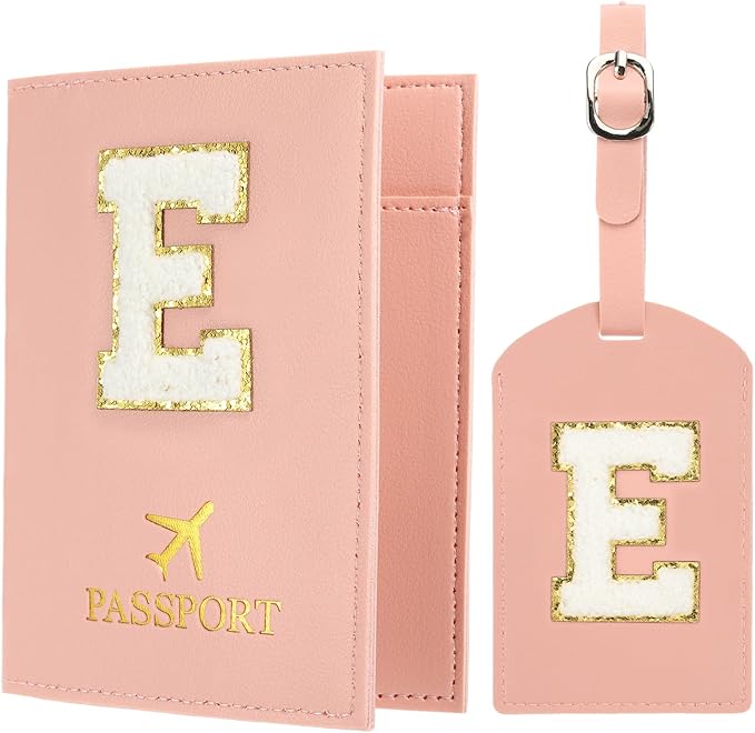 PATIKIL Passport Holder for Travel, Initial Passport Cover and Luggage Tag Set with Alphabet Chenille Letter Patch Travel Wallet Bag Suitcase Identifier for Women Family Travel Pink E