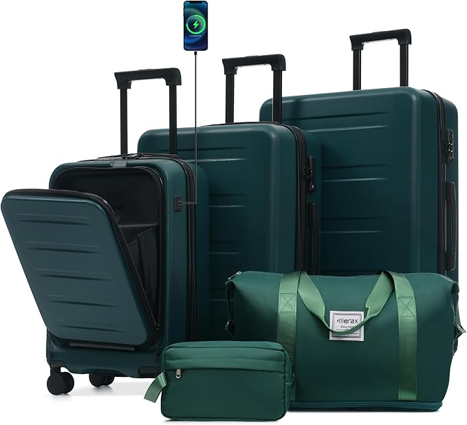 Merax Luggage Sets 5 Piece,Front Open Hardshell Expandable Suitcase with Spinner Wheels and Duffel Bags,Lightweight Carry on Luggage with USB Port,20/24/28IN,Dark Green
