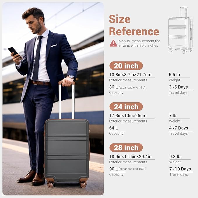 Kono 3 Piece Luggage Sets Expandable with Spinner Wheels TSA Lock Lightweight PC+ABS Hardside Travel Rolling Suitcases 20in 24in 28in Carry on Apricot Grey