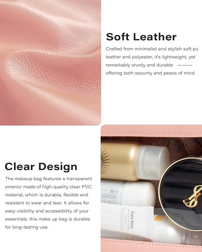 LETGO 2Pack Clear Makeup Bags Set, Small Clear Makeup Bag, PU Leather Travel Makeup Brush Case Portable Transparent Waterproof Cosmetic Organizer Pouch with Zipper for Women(2Pack-White Set)
