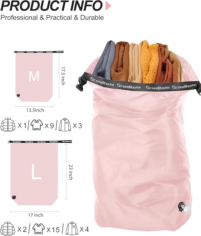 Travel Laundry Bag, Pump-free Vacuum Compression Dirty Clothes Bag, Large Reusable Waterproof & Washable Laundry Bag, Wet and Dry Bag, Ideal for Suitcases, Laundromats (1 Pack) Pink
