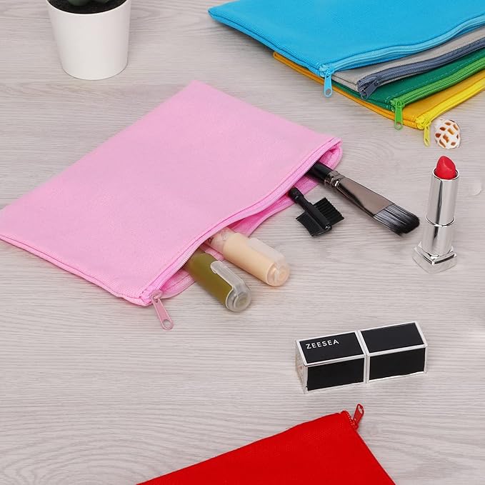 12 Pieces Cotton Canvas Makeup Bag, Multipurpose Cosmetic Bag with Zipper Travel Toiletry Pouch, Blank DIY Craft Bag (Pink, M)