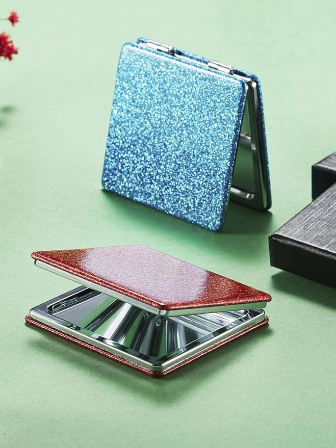 OMIRO Compact Mirror, Glitter PU 1X/3X Magnification, Ultra Portable for Purses (Blue)