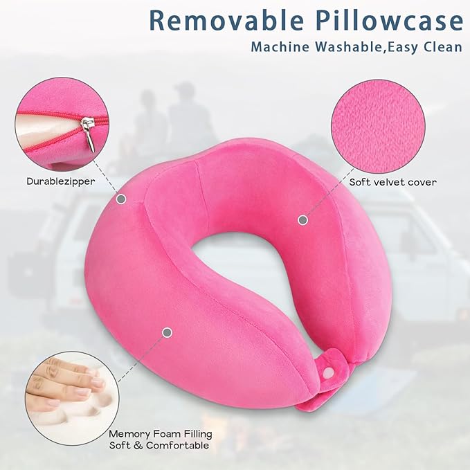 Neck Pillow Adjustable Memory Foam Travel Pillow Soft U Shaped Headrest Neck Support Pillows for Airplanes Sleeping Office Trains Cars Camping Use Rose Red