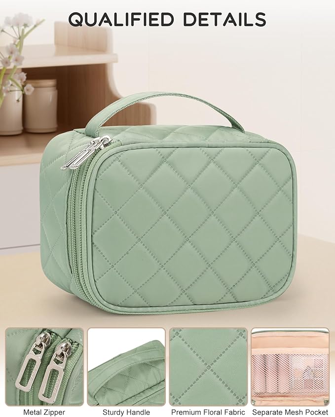 Relavel Travel Makeup Bag, Cosmetic Bag for Girls with 2 Makeup Brush Holders, Portable Makeup Pouch for Women, Cute Toiletry Bag with Double Layer Organizer - Green