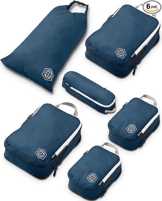 Compression Packing Cubes 6 Piece Set for Carryon Suitcases- Lightweight, Durable Clothes Organizer (Navy Blue)