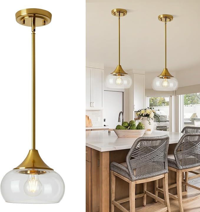 Modern Pendant Lights for Kitchen Island, Gold Pendant Light Fixtures with 8.5" Clear Glass Shade, Industrial Hanging Pendant Lights Fixture for Kitchen Island Dining Room Bedroom Entryway 1 Pack