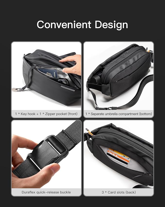 Inateck Sling Bag X, Multi-pocket Crossbody Shoulder Chest Bag with Adjustable Shoulder Strap, Water-resistant Waist Fanny Pack for Men, Women, Travel, Daily Use, Cycling, Hiking, Black, Large