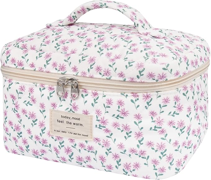 Large Makeup Bag, Cute Cosmetic Bag for Women Girls, Floral Coquette Aesthetic Toiletry Bag, Travel Make Up Organizer Bag (Purple Flower)