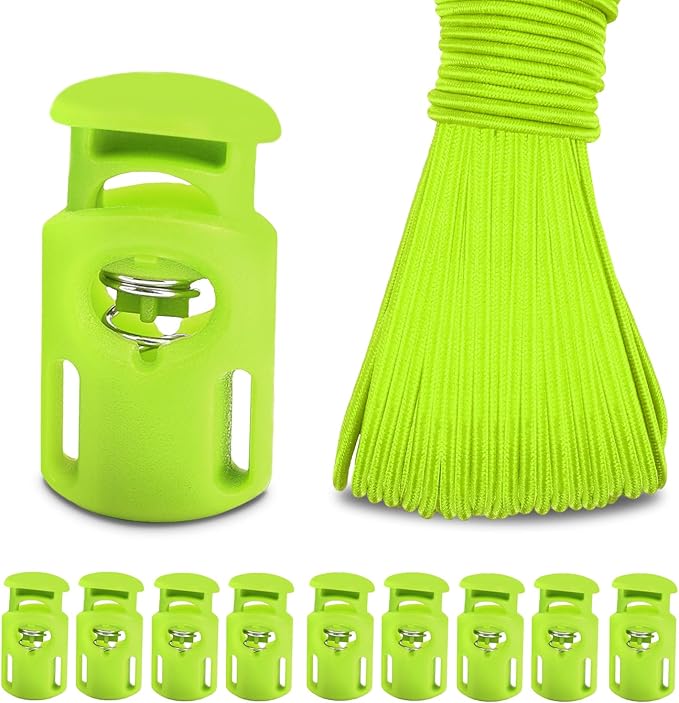10 Meter 3mm Elastic Bungee Shock Cord Stretch String, 25pcs Plastic Cord Locks Spring Toggle Stopper for Drawstring Backpack Shoelaces(Neongreen)