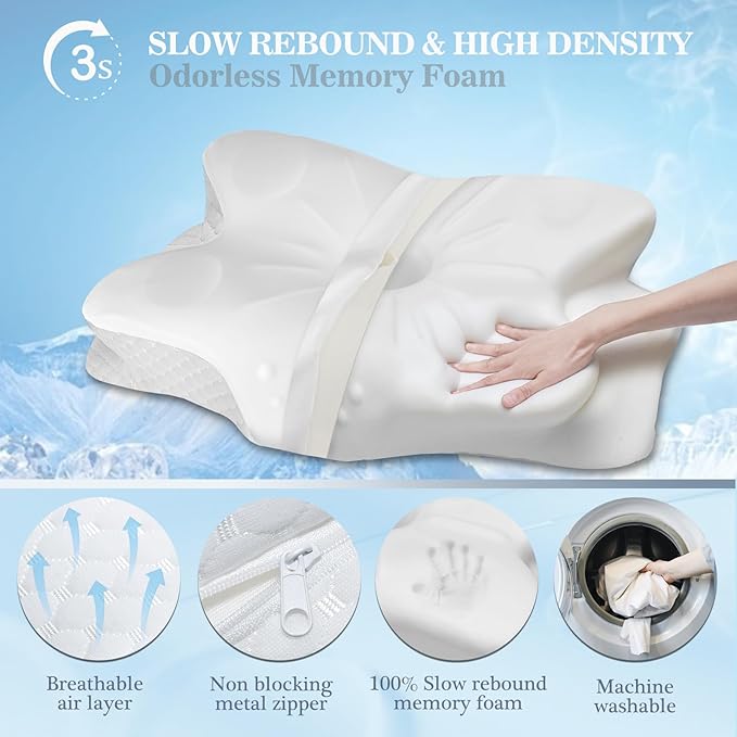 CCidea Cervical Neck Pillows for Sleeping & Pain Relief-Ergonomic Contour Memory Foam Pillow for Side/Back/Stomach Sleepers, 2 Heights with ICY Cooling White Silk Pillowcase - Gifts for Men & Women