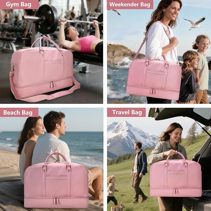 Weekender Bag for Women Men, Large Overnight Bag Faux Leather Travel Duffel Bag with Shoe Compartment Toiletry Packing Cube Carry On Bag Fit 21" Laptop 3Pcs Set (4PCS Pink)
