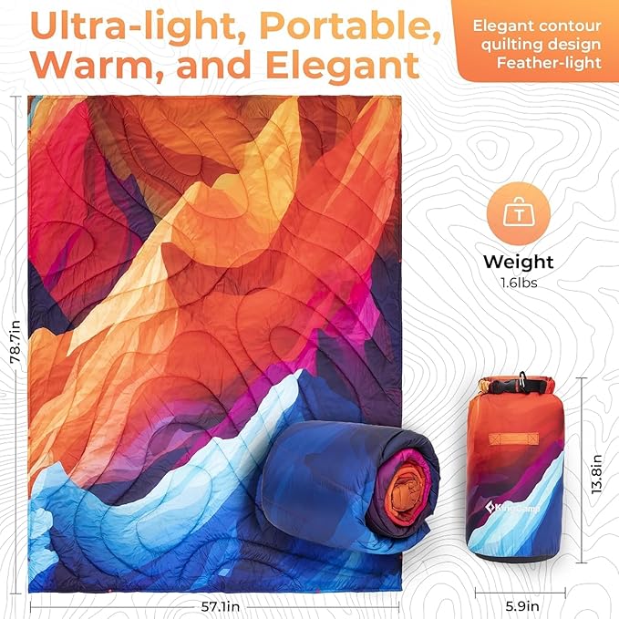 KingCamp Ultralight Camping Blanket, Packable Down Alternative Puffy Printed Wearable Blanket with Snap Buttons & Corner Loops Weatherproof Quilt for Outdoor Travel Stadium (78.7"L x 57.1"W, PEAK)