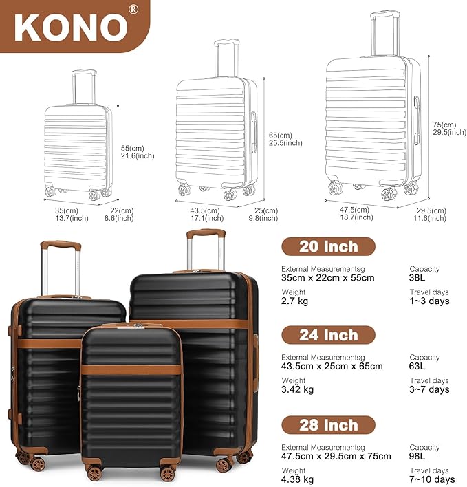 Kono Medium Sized Checked Luggage, 24 Inch Expandable with Spinner Wheels, TSA Lock, ABS + PC Lightweight Travel Suitcase with Larger Capacity and Lighter Weight, Black Brown