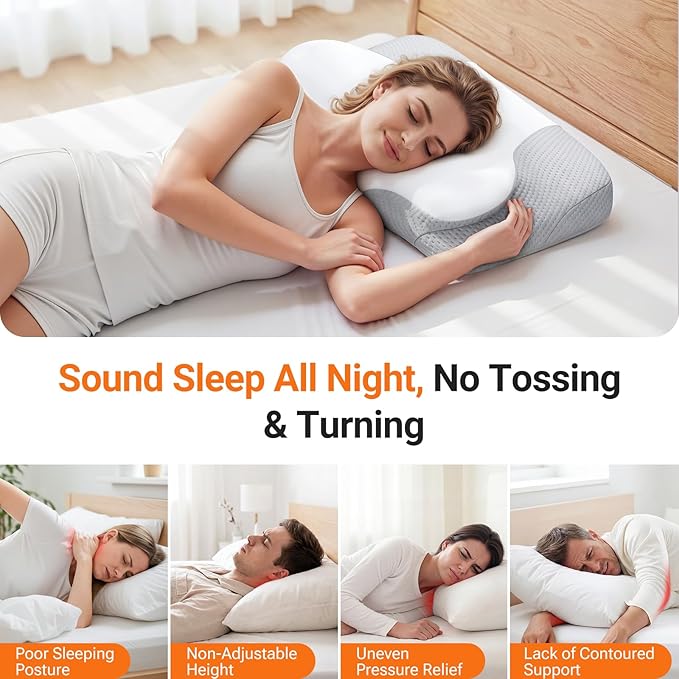 Inflatable Cervical Neck Pillow for Sleeping with Adjustable Support, Ergonomic Memory Foam Cloud Pillow, Neck Support Pillow for Back, Side & Stomach Sleepers, Posture Pillow with Ice Silk Pillowcase