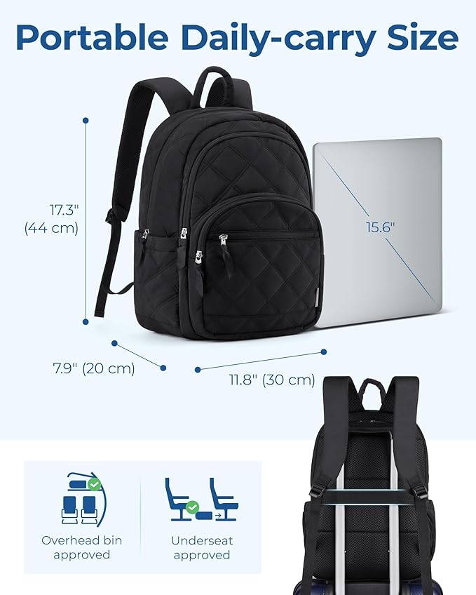 BAGSMART Travel Laptop Backpack, College Backpack for Women, Quilted Small Computer Bookbag, Water-Resistant 15.6 Inch Laptop Casual Bag, Vanilla