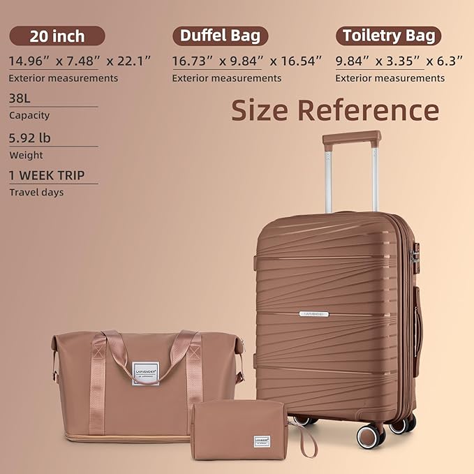 LARVENDER Carry On Luggage 22x14x9 Airline Approved, 20 Inch Hardshell & Lightweight PP Carry On Suitcase for Women with Spinner Wheels TSA Lock, Mocha