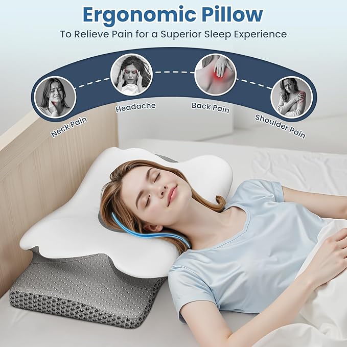 Memory Foam Bed Pillow – Contour Support Pillow for Side & Back Sleepers, Soft Ergonomic Design, Cooling Breathable Cover, Removable Washable Case, Standard Size, Grey