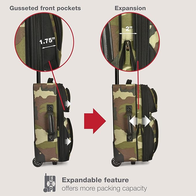 U.S. Traveler Rio Lightweight Softside Rolling Carry-on Suitcase, 2-Wheel Single, Camouflauge