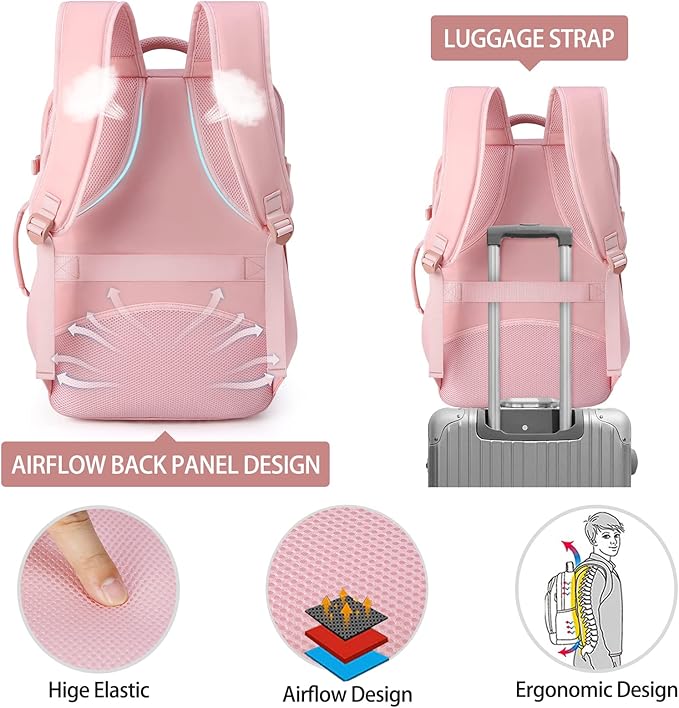 Lubardy Travel Backpack for Men Women 17 Inch Flight Approved Carry on Backpack Waterproof Large 40L Luggage Daypack Business College Weekender Overnight Laptop Backpack with 3 Packing Cubes, Pink