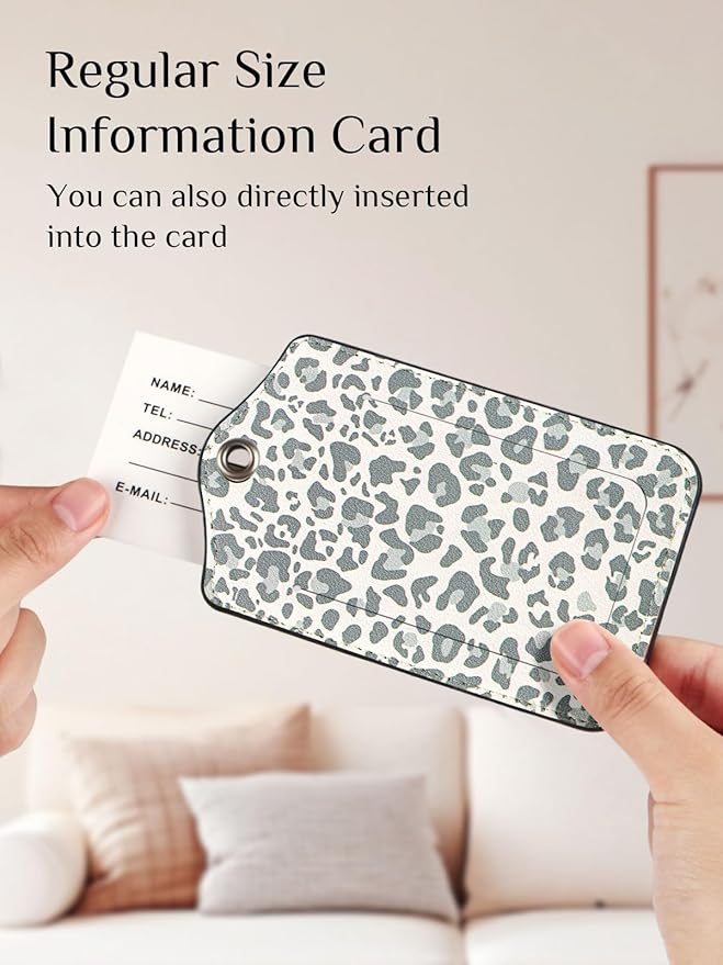 Seorsok 2 PCS Luggage Travel Tags for Suitcases,Cute White Leopard PU Leather Name Tag with Privacy Cover&ID Label Address Card and Durable Metal Ring Suitable for Men Women Handbags Backpack