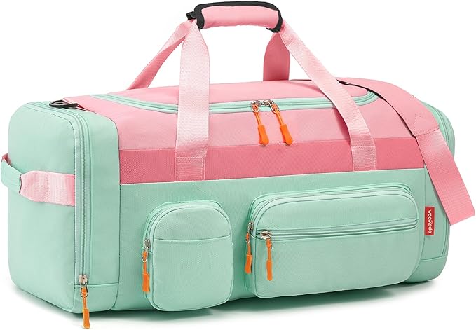 WOOMADA Kids Duffle Bag for Boys or Girls,Weekender Overnight Bag with Shoe Compartment & Wet Pocket Perfect For School, Sports, Overnight Trips(Pink Green)