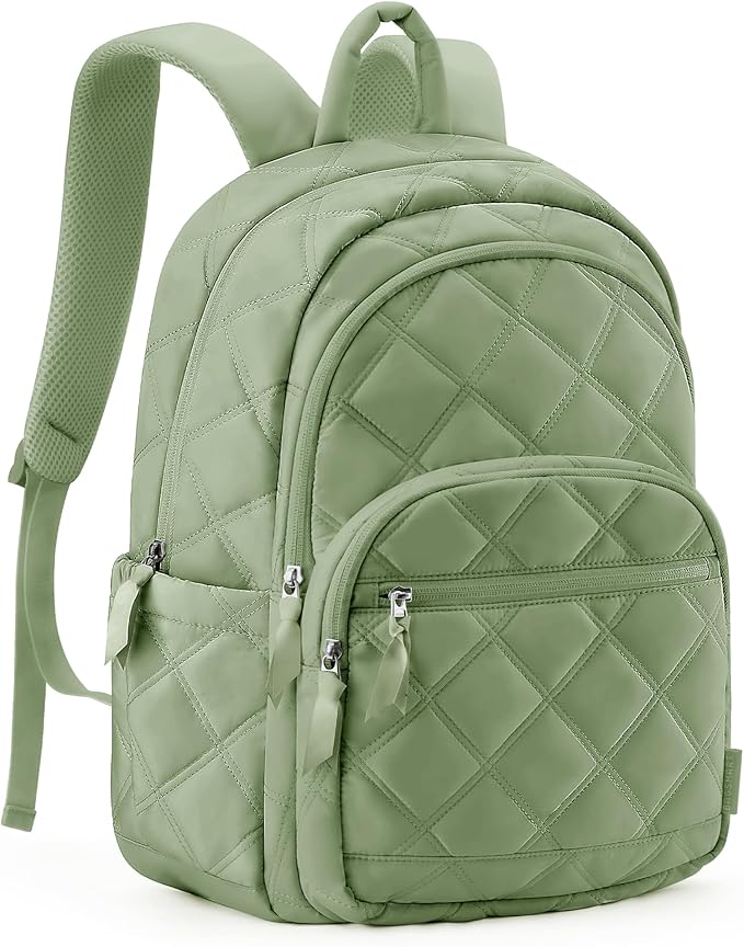 BAGSMART Travel Laptop Backpack, College Backpack for Women, Quilted Small Computer Bookbag, Water-Resistant 15.6 Inch Laptop Casual Bag, Green