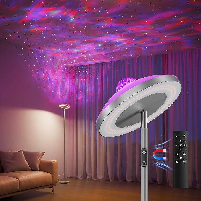 DUSKTEC 3-in-1 Floor Lamp, RGB Aurora & Galaxy Star Projector, 69", Silver | Magnetic remote & touch, 1400 lm, 3000K–6000K tunable white, 10%–100% dimmable, 1 hr timer for bedrooms, kids' rooms & gaming