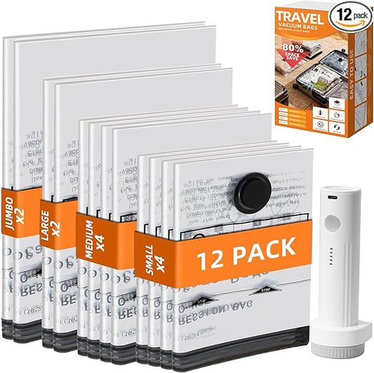 TOLDATE 12 Pack Travel Vacuum Bags - Compression Bags for Travel with 4 Different Sizes(2J/2L/4M/4S)，Vacuum Travel Bags with Rechargeable Pump for Luggage and Home Organization