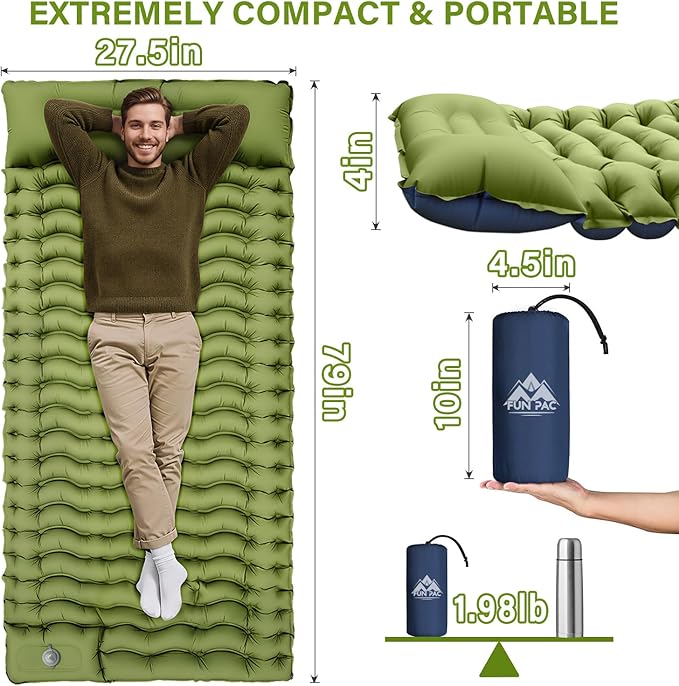 Camping Sleeping Pad, Ultralight Camping Mat with Pillow, Built-in Foot Pump Inflatable Sleeping Pads Compact for Camping Backpacking Hiking Traveling Tent,Single,Green