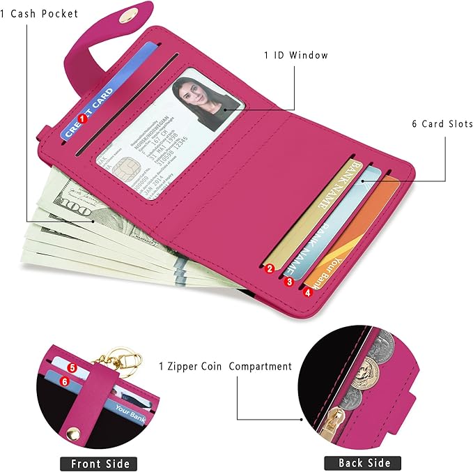 Airkit Small Wallets Woman RFID Blocking Leather Credit Card Holder - with ID Window - Card Wallets for Women - with Zipper Coin Purse - Keychain Wallet