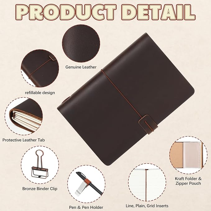 Thenshop Travelers Refillable Leather Journal Notebook Travel Diary Handmade Passport Travelers Journal for Men and Women with 3 Notebook Inserts, Pen Holder, Binder Clip(Coffee Color,A5 Size)