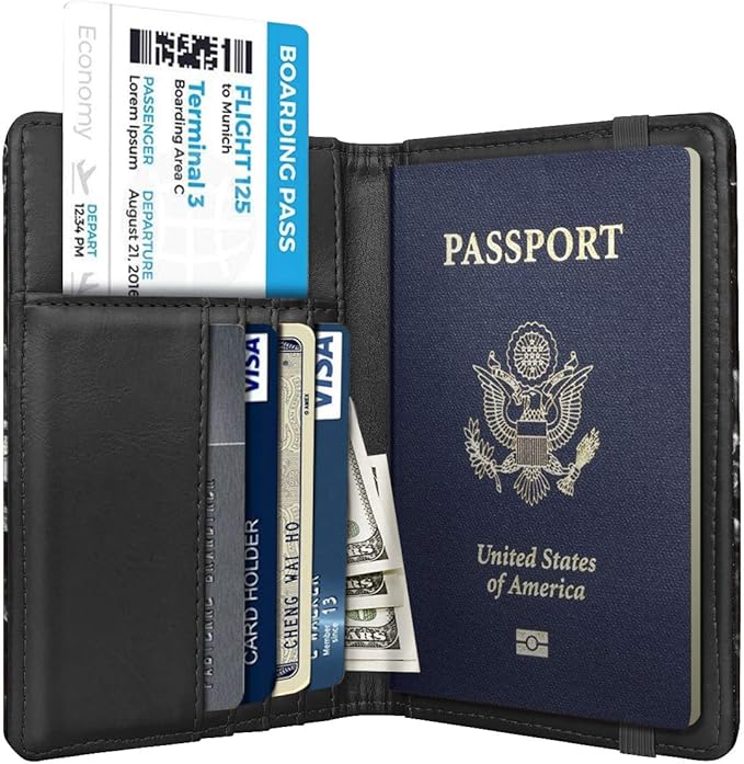 Passport Holder Cover,Traveling Passport Case Cute Marble Passport Wallet for Women,Black Marble