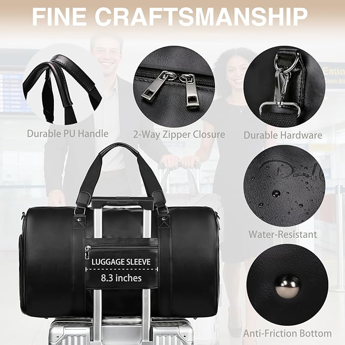 Large 3-in-1 Leather Duffle Bag for Travel Weekender Overnight Hospital Gym Bag for Men & Women, Carry On Airline Approved Personal Item Duffel Garment Bag Luggage with Shoe Compartment & Toiletry Bag