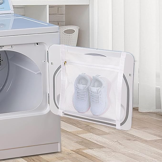 Sneaker Drying Bag, Shoe Dryer Mesh Bags, Sneaker Wash & Dry Net Bag for Dryer, Large HoneyComber Mesh Laundry Bags with Zipper and Strap for Most Dryers Door, 15.7"x13.8" (White & Grey)