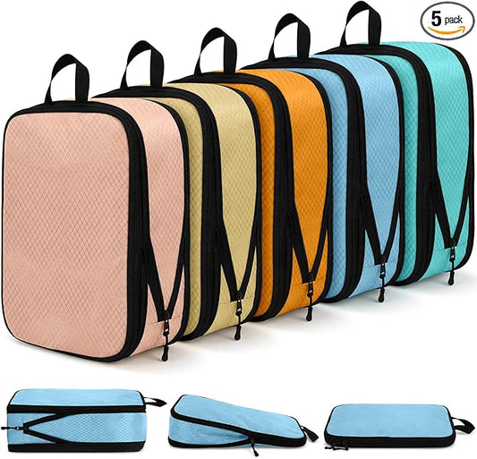 5 Pack Compression Packing Cubes for Travel Space Saving Cubes Luggage Organizer for Suitcase(Pastel,L)