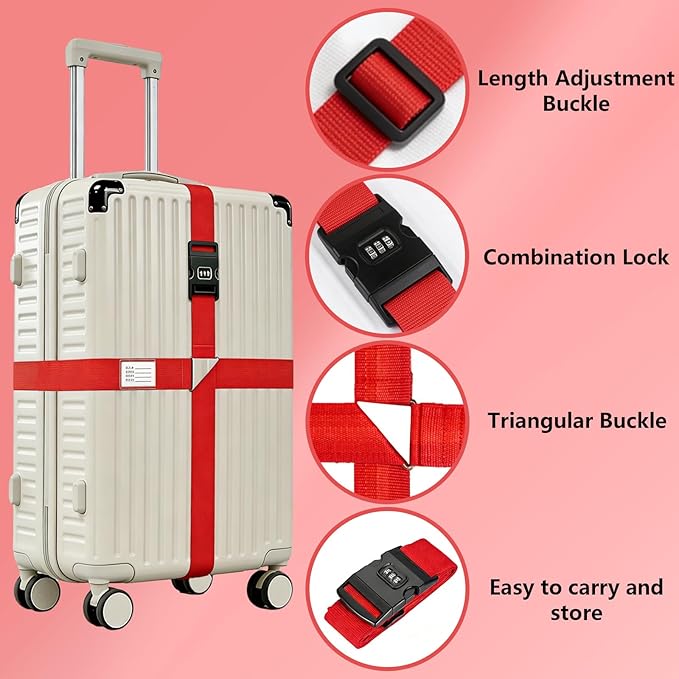Luggage Straps for Suitcases,Travel Luggage Straps with Lock and Luggage Tags,Suitcase Strap,Adjustable Bright-Colored Travel Belt for Travel Suitcase Bag Closure Accessories.(Red)