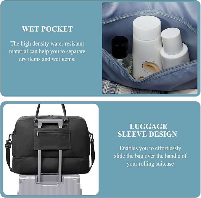 Weekender Bags for Women, Travel Duffel Overnight Carry On Weekend Bag with Shoes Compartment & Toiletry Bag,Black