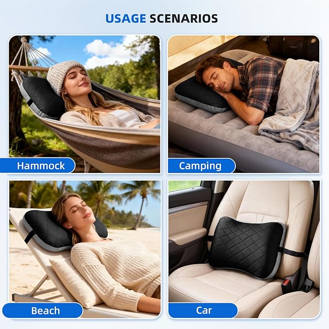 aiGear Inflatable Camping Pillow, Ultralight Compact Air Pillow Ergonomic Neck & Lumbar Support Portable Inflatable Pillow with Removable Washable Cover for Travel Backpacking Hiking (Black)