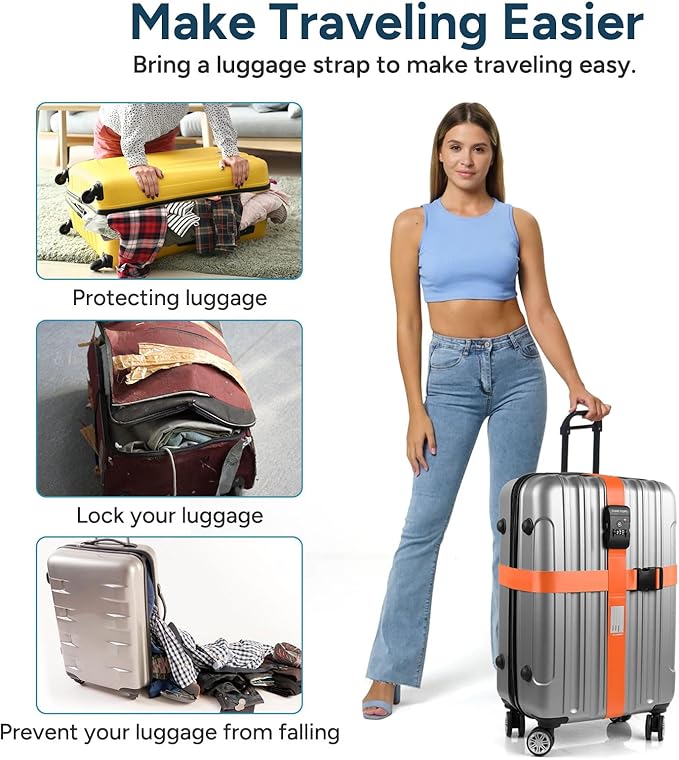 Travel Inspira Luggage Straps with TSA Lock, TSA Approved Suitcase Belt, Heavy Duty Adjustable Cross Design for Added Security, High-Visibility Orange Travel Accessory with ID Tag for 20-32" Bag