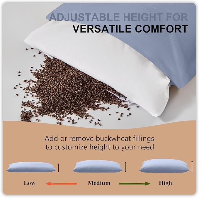 Organic Buckwheat Pillow for Sleeping with Dual-Layer Pillowcase and Extra Tartary Buckwheat Hulls, Adjust Height and Firmness, Neck Support Pillow for Back and Side Sleepers 14"x20", Baby Blue
