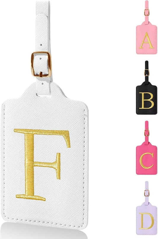 Personalized Initial Luggage Tags for Suitcases,Leather Letter Cute Luggage Tags with Privacy Name Card,Embroidered Monogrammed Travel Bag Backpack Tag Gifts for Women Kids Girls Teens(White-F)