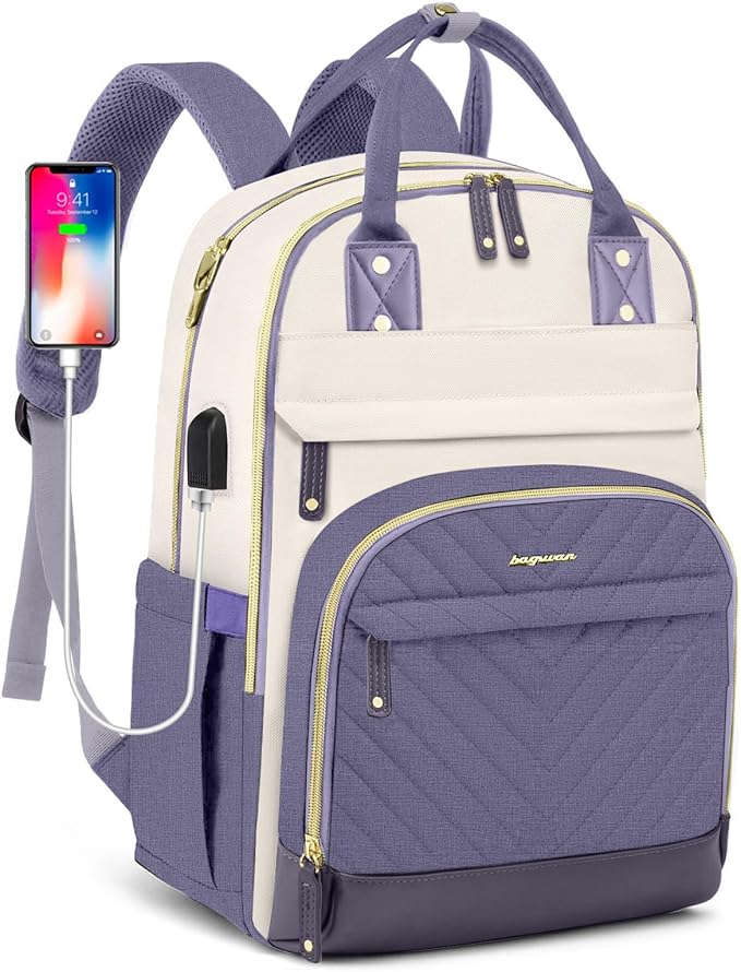 Laptop Backpack for Women Work Bag - 15.6 inch Travel Backpack Purse with USB Charger College Bookbag Waterproof Cute Casual Daypack Business Computer Backpacks for Teacher Nurse Beige Light Purple