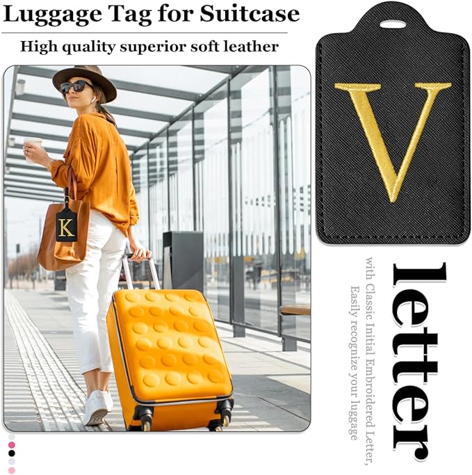 Personalized Initial Luggage Tags for Suitcases,Leather Letter Cute Luggage Tags with Privacy Name Card,Embroidered Monogrammed Travel Bag Backpack Tag Gifts for Women Kids Girls Teens(Black-V)