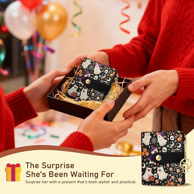 Jogjam Halloween Cute Cat Ghost Rfid Wallet, Small Spooky Bats Pumpkin Slim Thin Credit Card Women Wallet, PU Leather Bifold Cash Zipper Coin Pocket for Holiday Gifts